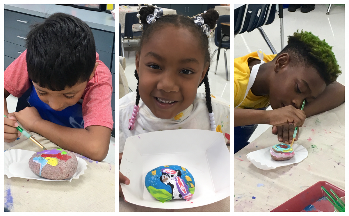 From left: Academy students, Daniel Delgado, second grade, Jodi Ross, first grade, and Wristen Wilson, third grade, paint their identity rocks. Photo submitted