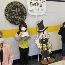 Pictured, from left to right, are some of the face coverings recipients: Brinkley Macrow, Samuel Itehua-Hernandez and Nevaeh Drummond — all first graders at the Appalachian State University Academy at Middle Fork in Walkertown. Photo by Dr. Amie Snow ’06 ’14