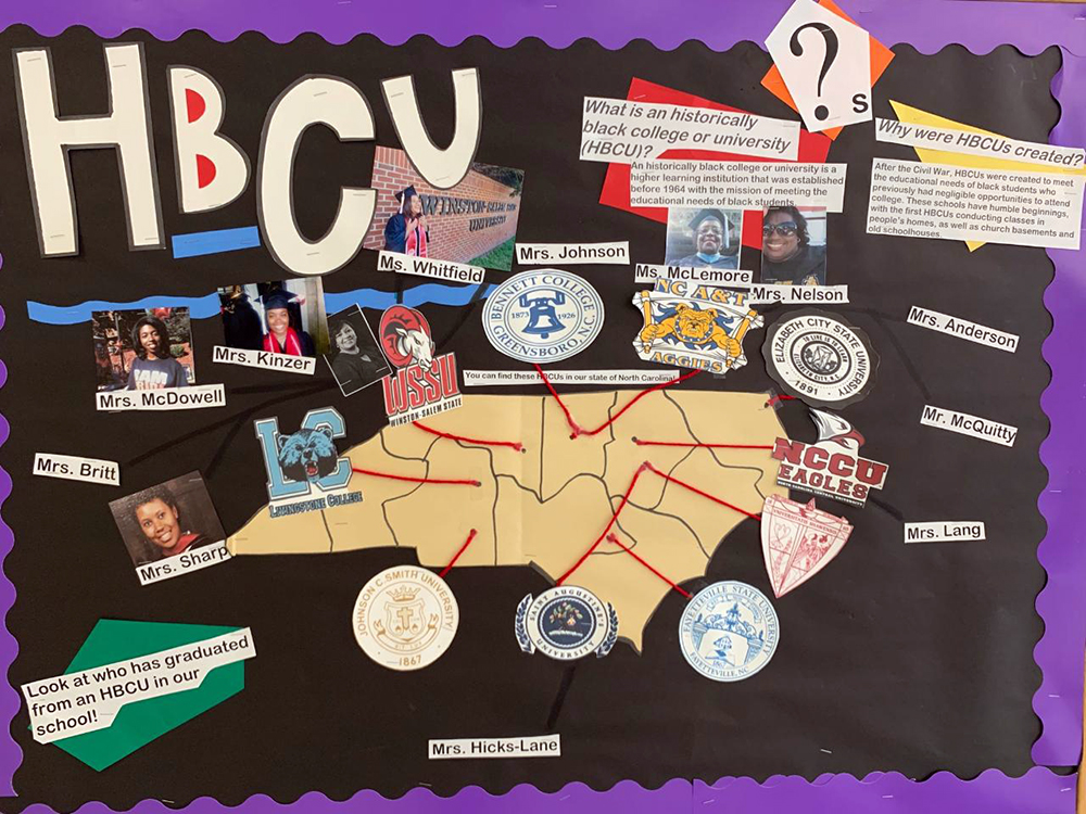Several staff members are alumni of local HBCUs. Alicia Kinzer, 1st grade teacher at the Academy, created this incredible bulletin board to recognize those staff members.